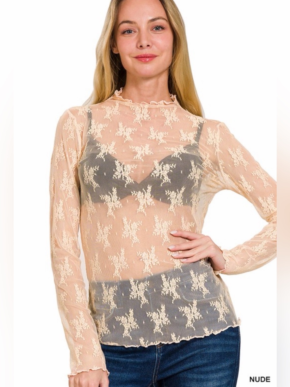 ZENANA Sheer Lace Mock-Neck Long Sleeve Top - nude